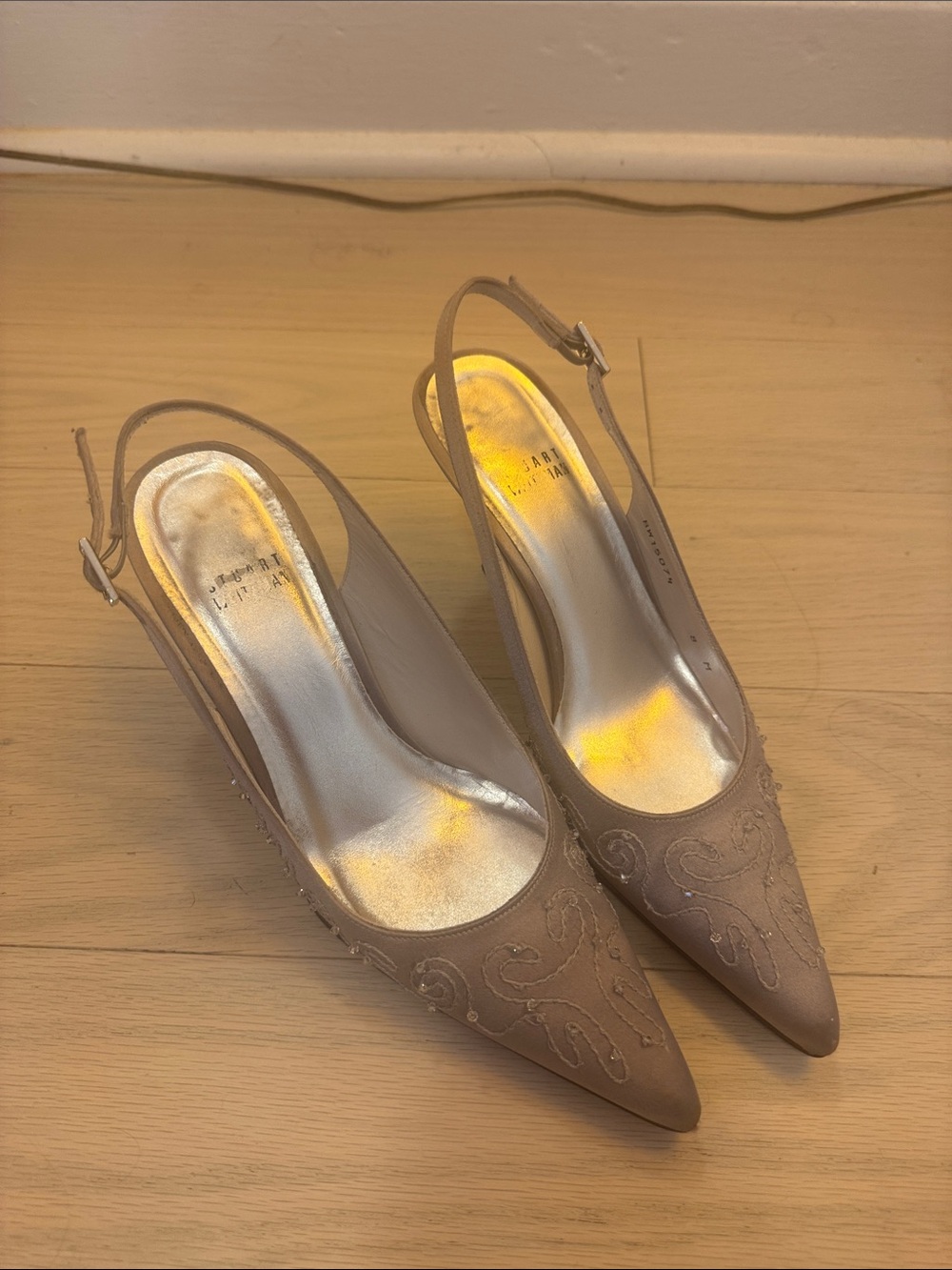 Women's stuart weitzman silver Embellished Slingback Pumps
